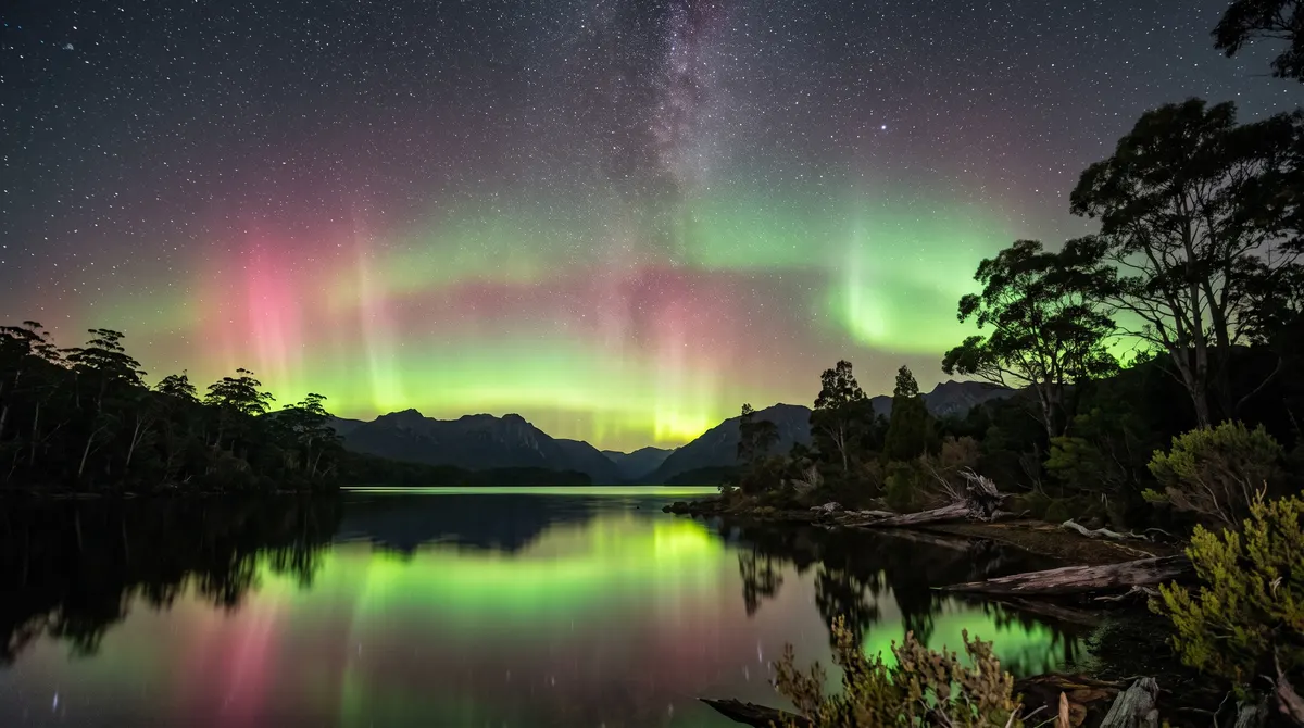Vivid aurora australis glowing green and pink over a still Tasmanian lake at night, with stars overhead, photorealistic long exposure.