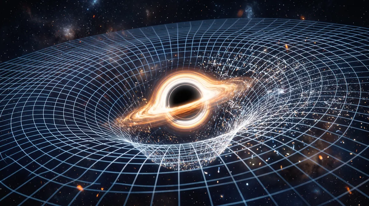 Image of a smooth, curving grid of spacetime around a glowing black hole breaking apart at its centre into a shimmering, grainy field of tiny vibrating strands of light.