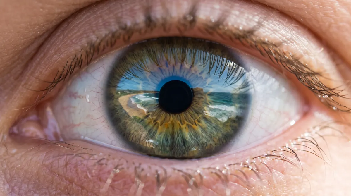Extreme of a human eye with a green-flecked iris, the pupil reflecting a bright Australian beach with surf and blue sky.